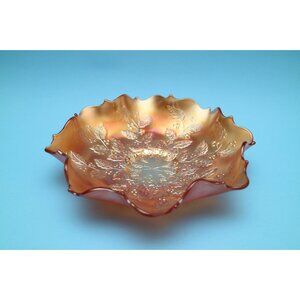Vintage Fenton Style Carnival Glass Ruffled Bowl Leaves Holly Marigold Amber